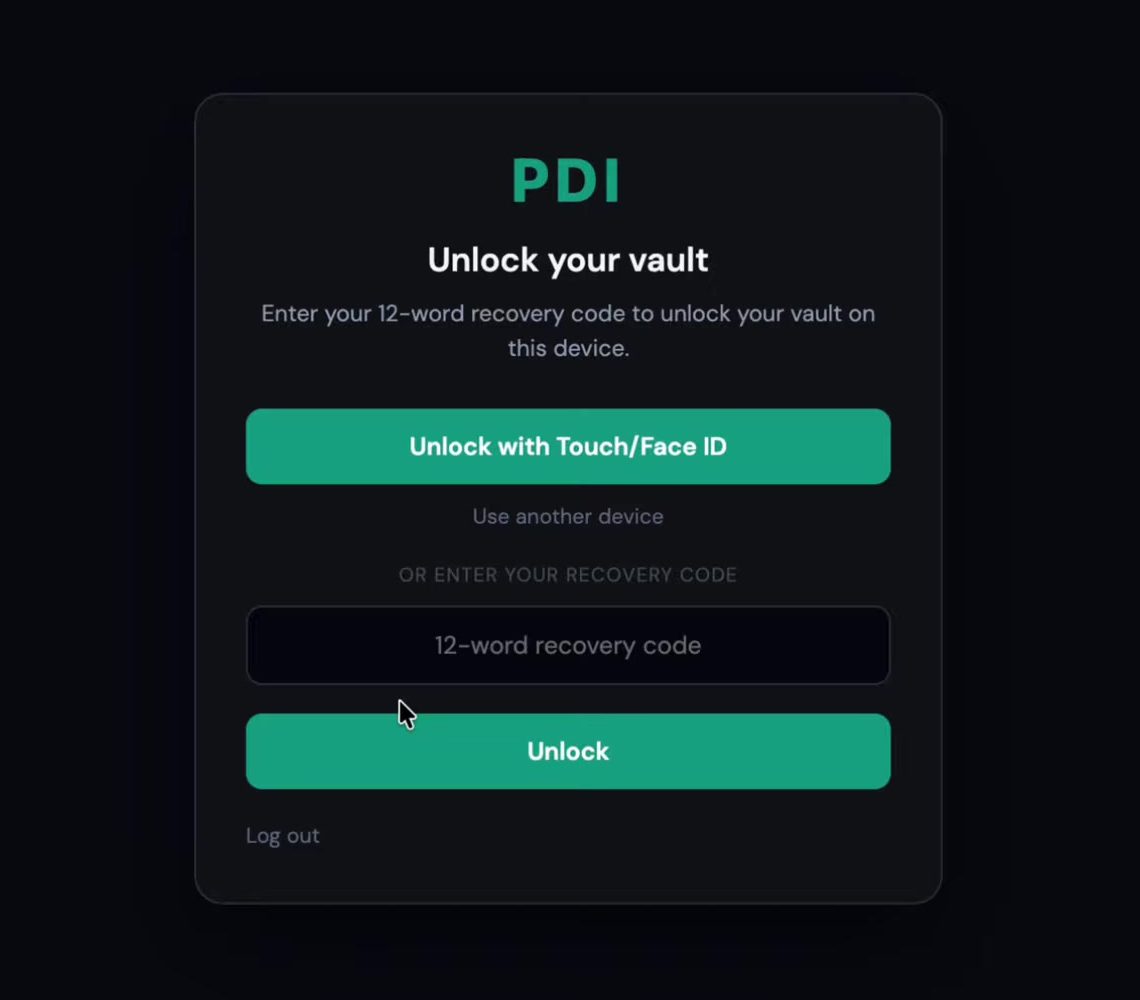 The PDI Med vault unlock screen: unlock with Touch ID or Face ID, or a 12-word recovery code
