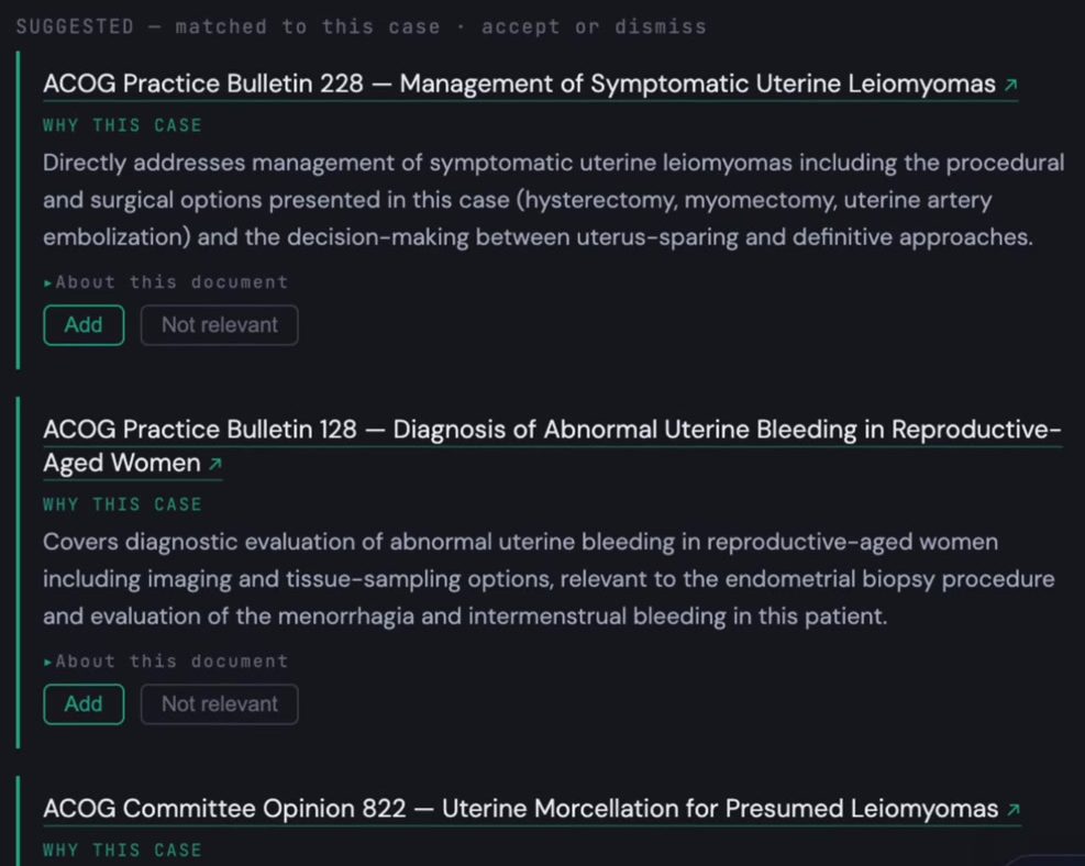 Suggested ACOG documents matched to the case, each with why it applies